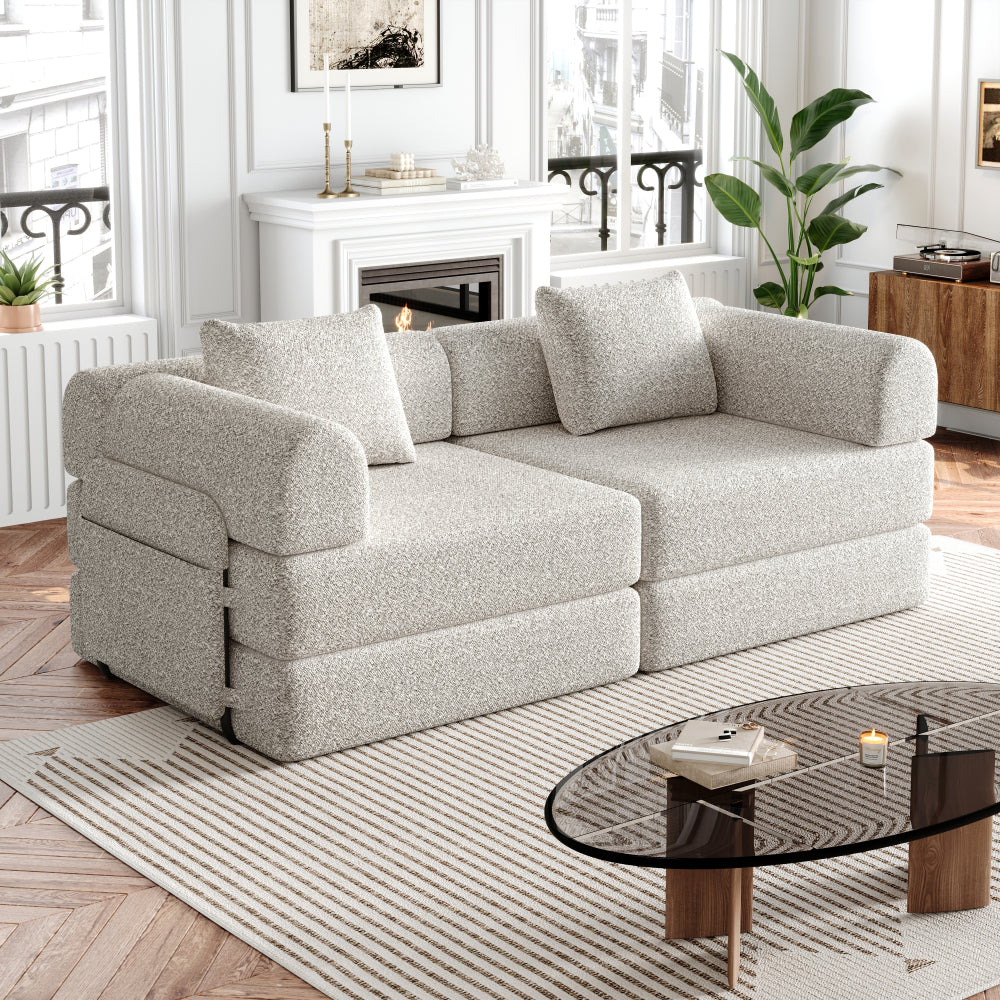 2-in-1 Slaapbank – Bankbed – Bedbank – Slaapbankje – Klapbank – Ruimtebesparend Ontwerp – Stevig Metalen Frame – Gebruikt Chenille Bekleding – Eenvoudige Montage – Beige Kleur