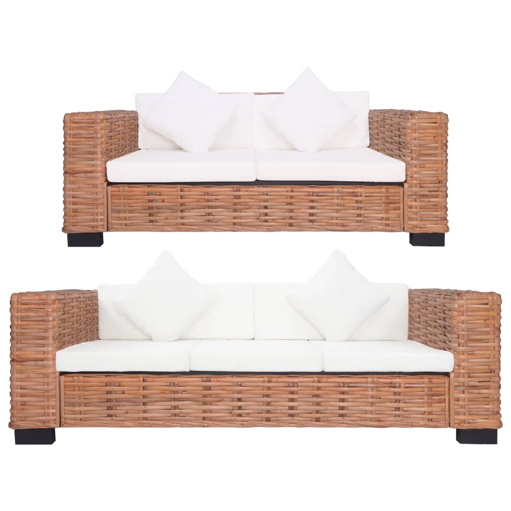 Rattan Loungebank Set – Loungeset – Buitenbank – Tuinbank – Bankstel – Tweezits + Driezits – Natuurlijk Rattan – Stevig Houten Frame – Comfortabele Wasbare Kussens