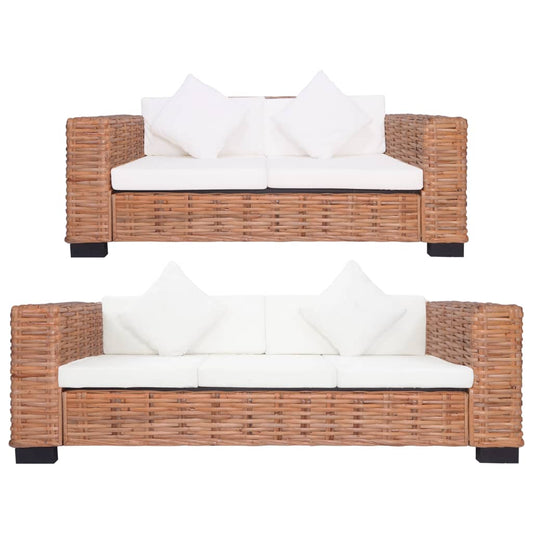 Rattan Loungebank Set – Loungeset – Buitenbank – Tuinbank – Bankstel – Tweezits + Driezits – Natuurlijk Rattan – Stevig Houten Frame – Comfortabele Wasbare Kussens