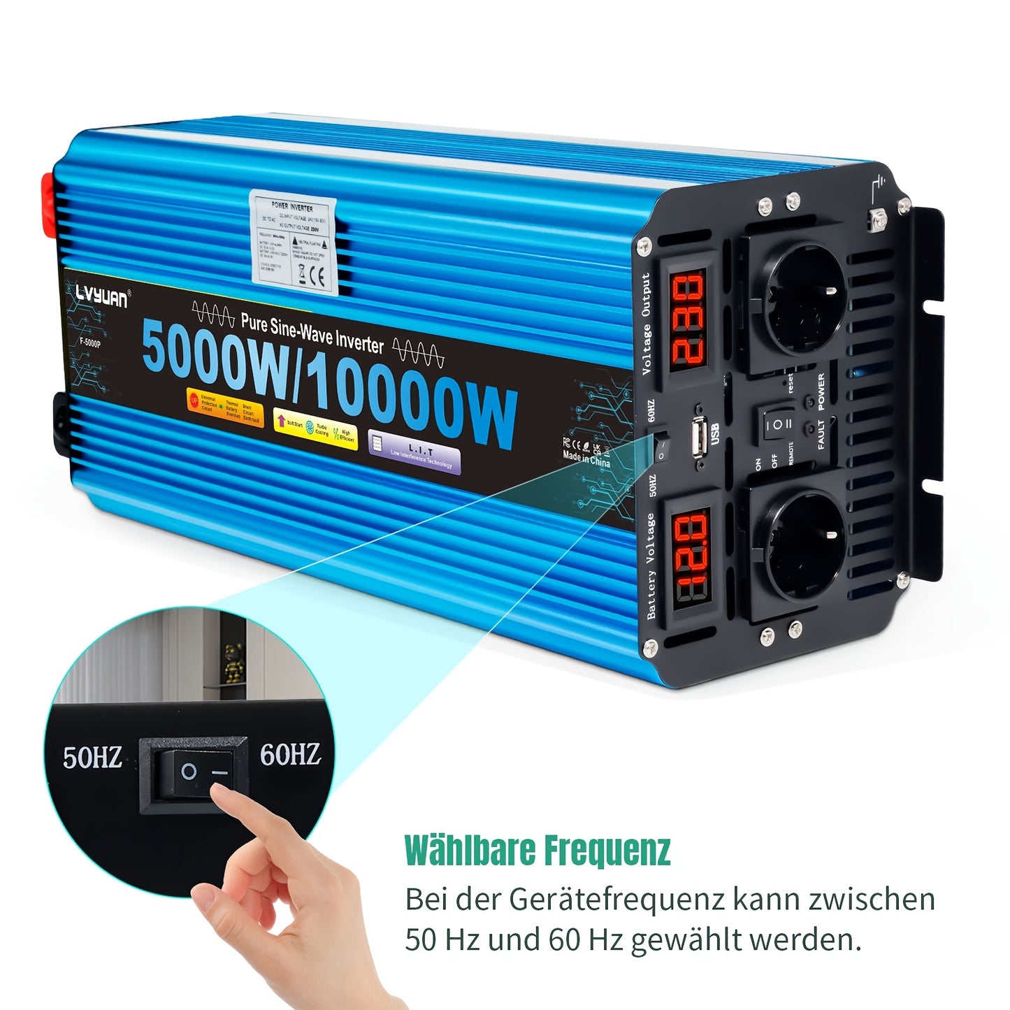 Zuivere Sinusgolf Omvormer – Stroomomzetter – Converter – Inverter – Spanningsomzetter – 12V 5000W – 10000W Piekvermogen – Afstandsbediening & LED-Display