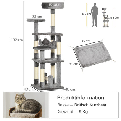 Krabpaal – Kattenboom – Krabmeubel – Klimpaal – Speelpaal – Grijs – Stevige Houten Constructie – Comfortabele Hangmat