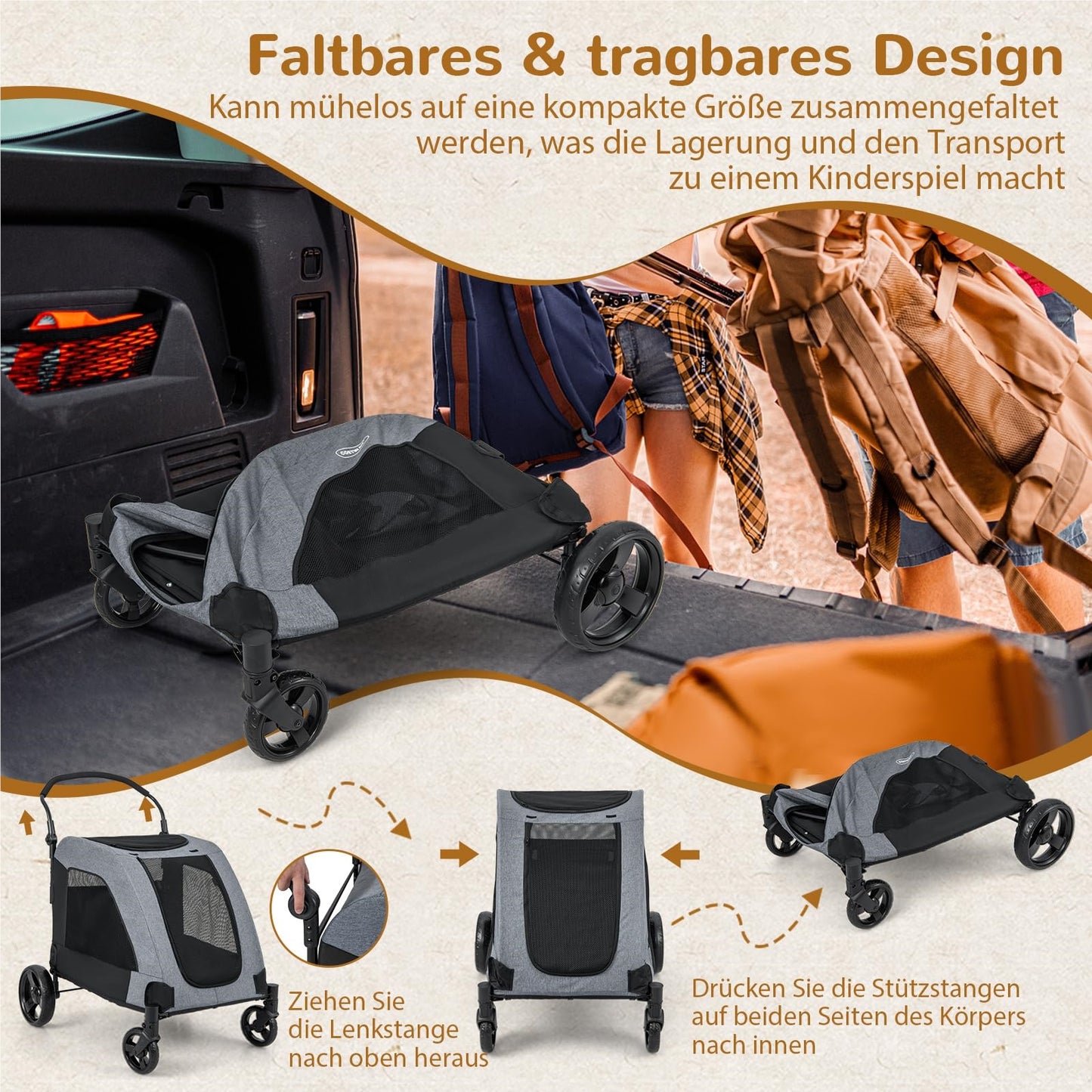 Hondenwagen – Hondenbuggy – Huisdier Trolley – Dierenwagen – Hondenwagen Opvouwbaar – Voor Middelgrote en Grote Honden – Met Mesh Ramen en Verstelbaar Handvat – Grijs