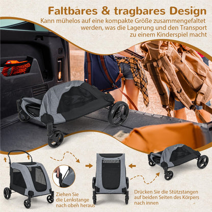 Hondenwagen – Hondenbuggy – Huisdier Trolley – Dierenwagen – Hondenwagen Opvouwbaar – Voor Middelgrote en Grote Honden – Met Mesh Ramen en Verstelbaar Handvat – Grijs