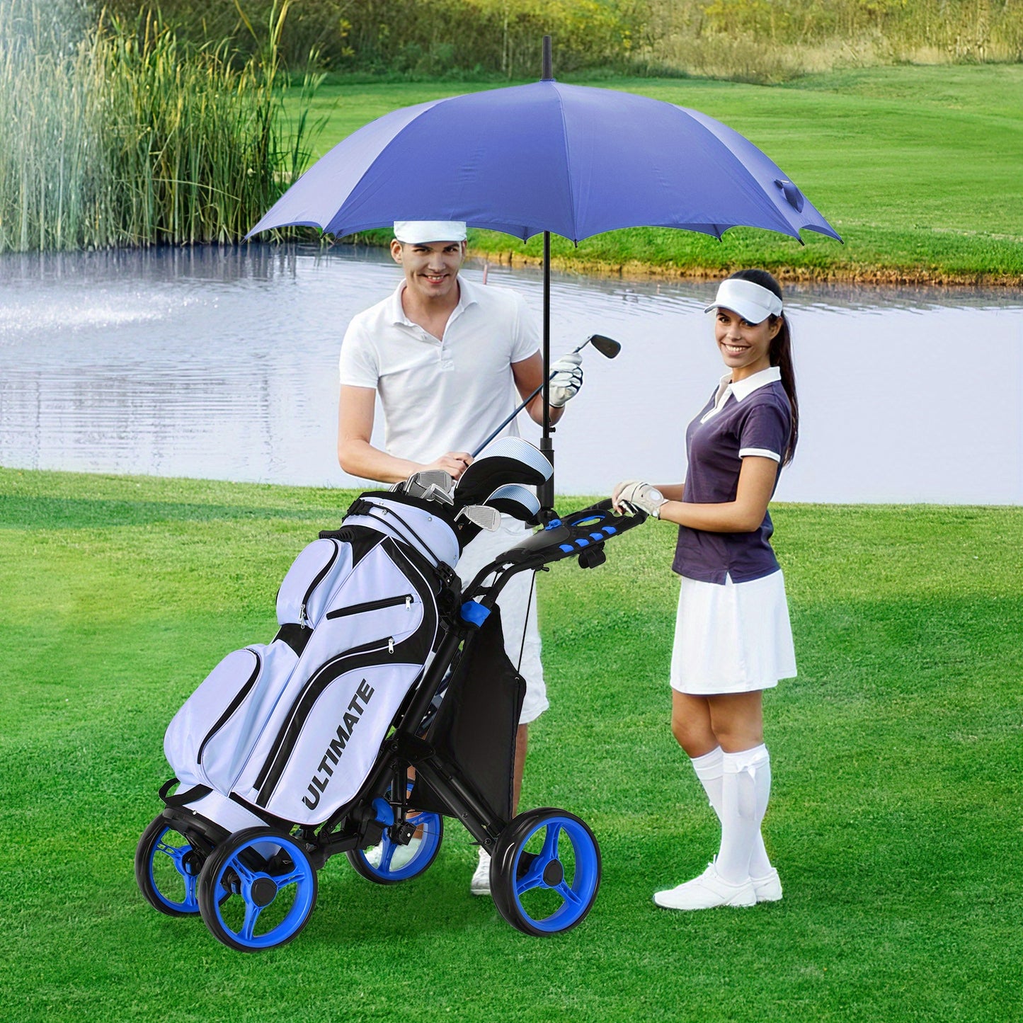 Golfkarretje – Golftrolley – Golfwagen – Golfpushcart – Golfcaddy – Lichtgewicht Opvouwbaar – Blauwe Wielen