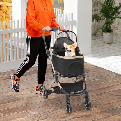 Foldable Pet Stroller | 4 Wheels, Black and Grey, Alloy Steel Frame, Nylon, for Dogs and Cats - NaMaSyo