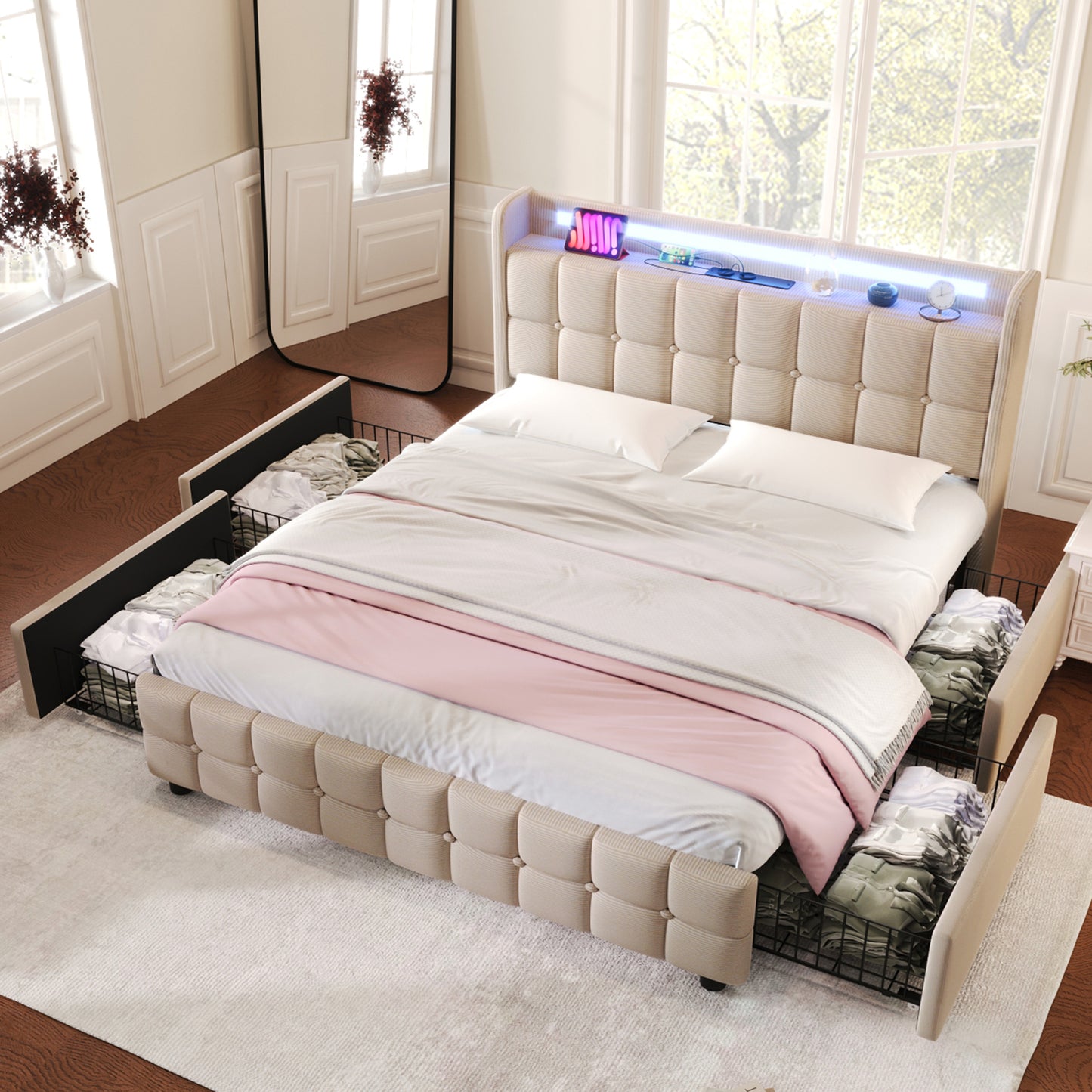 Bedkast 160x200 – Gestoffeerd Bed – Tweepersoonsbed – Opbergbed – Boxspringbed – Linnen Bekleding – 4 Ruime Lades – Lattenbodem