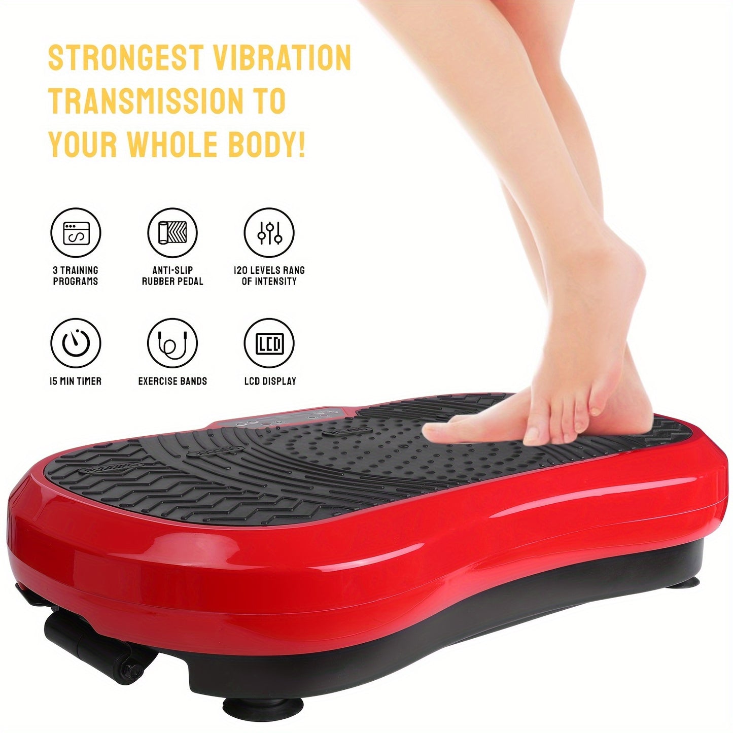 Vibratieplatform – Trilmachine – Balans Trainer – Fitnessplaat – Workout Machine – 120 Verstelbare Niveaus – Antislip Oppervlak – Met Afstandsbediening – Inclusief Trainingsband – Ultra Stil – Robuust IJzer – Rood Zwart