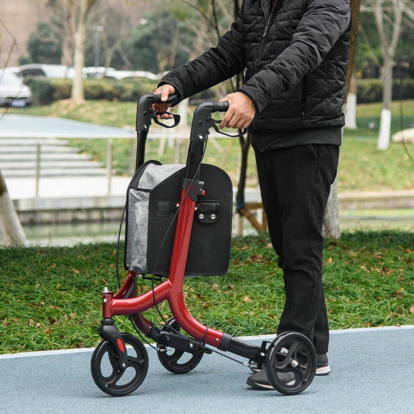 3-wiel rollator – wandelwagen – loophulp – rollator met remmen – inklapbare rollator – verstelbare hoogte 86,5-99 cm – lichtgewicht aluminium frame – met opbergtas – rood