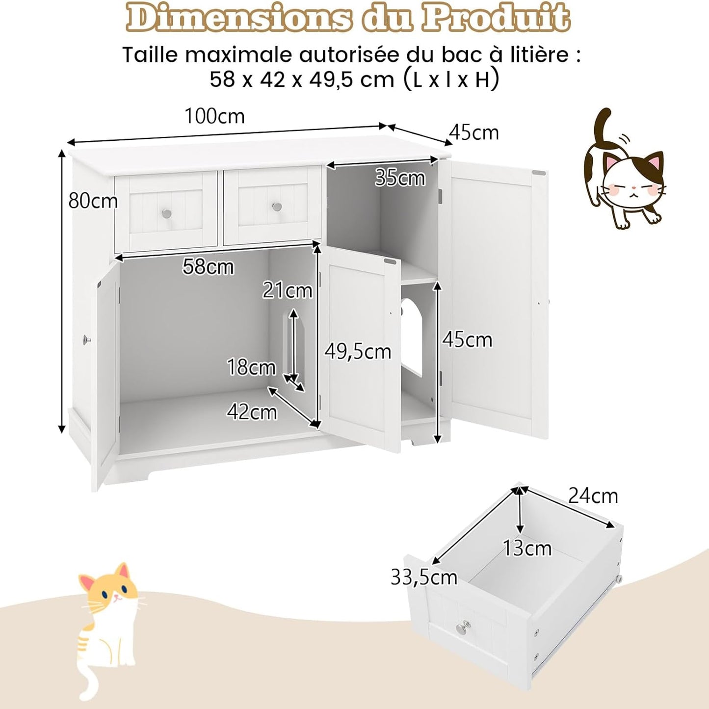 Kattenbakkast – Kattenbak Verstopplek – Kattenbakkast – Kattenhuis – Kattenmeubel – Wit MDF Hout – 2 Laden en 3 Deuren – Antikantelbeveiliging – Modern Design 101x46x80 cm