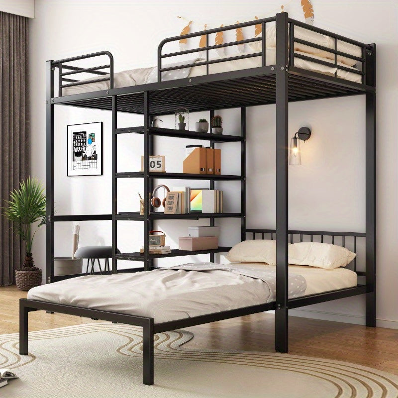 Stapelbed – Etagebed – Kinderbed – Hoogslaper – Kinderstapelbed – Met Bureau en Opbergruimte – Metalen Frame – 90x200 cm – Veiligheidshekken – Ladder – Zwart