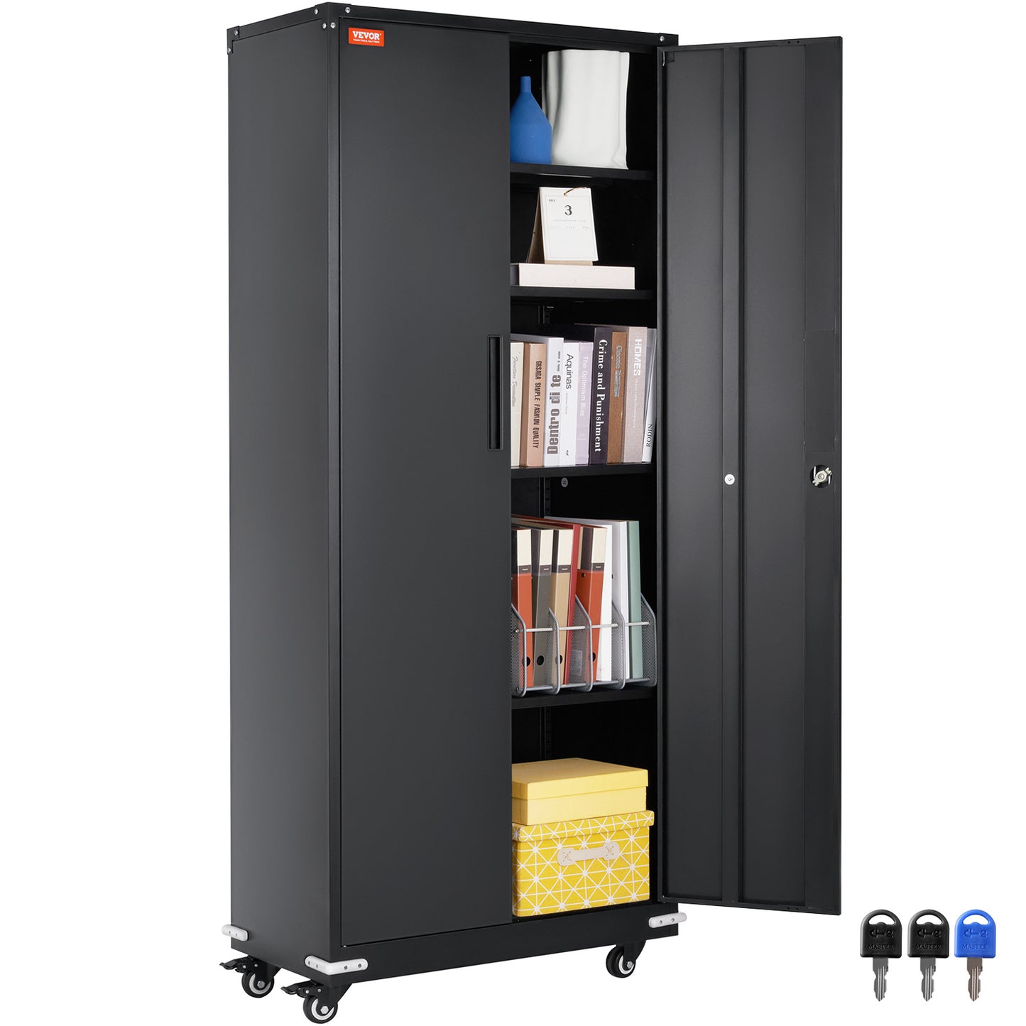 Opbergkast – Stellingkast – Opbergrek – Metalen Kast – Lockerkast – Verstelbare Planken – Met Wieltjes – Zwart – 190 cm Hoog – Max 90 kg Per Plank
