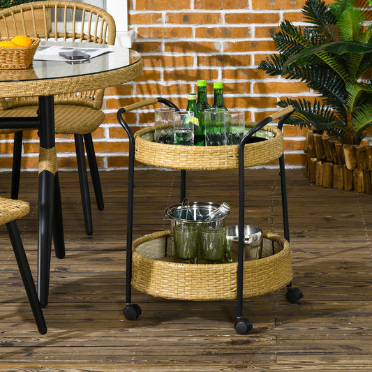 Serveerwagen – Keukentrolley – Serveerkar – Rolltafel – Opbergwagen – Outdoor – 2 Etages – Weerbestendig Polyrattan Metalen Frame – Met Remmen – Geel – Compact Ø50x66 cm