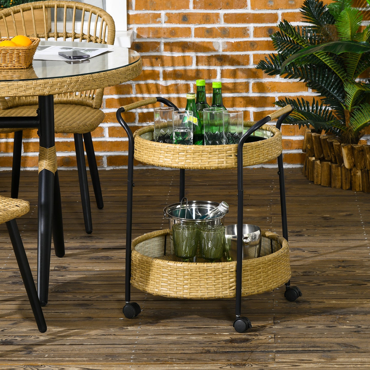 Serveerwagen – Trolley – Bakkerskar – Barwagen – Buitenwagen – Geel – 2 Lagen Met Remmen – Weerbestendig Poly Rattan & Metalen Frame – Φ50 x 66 cm