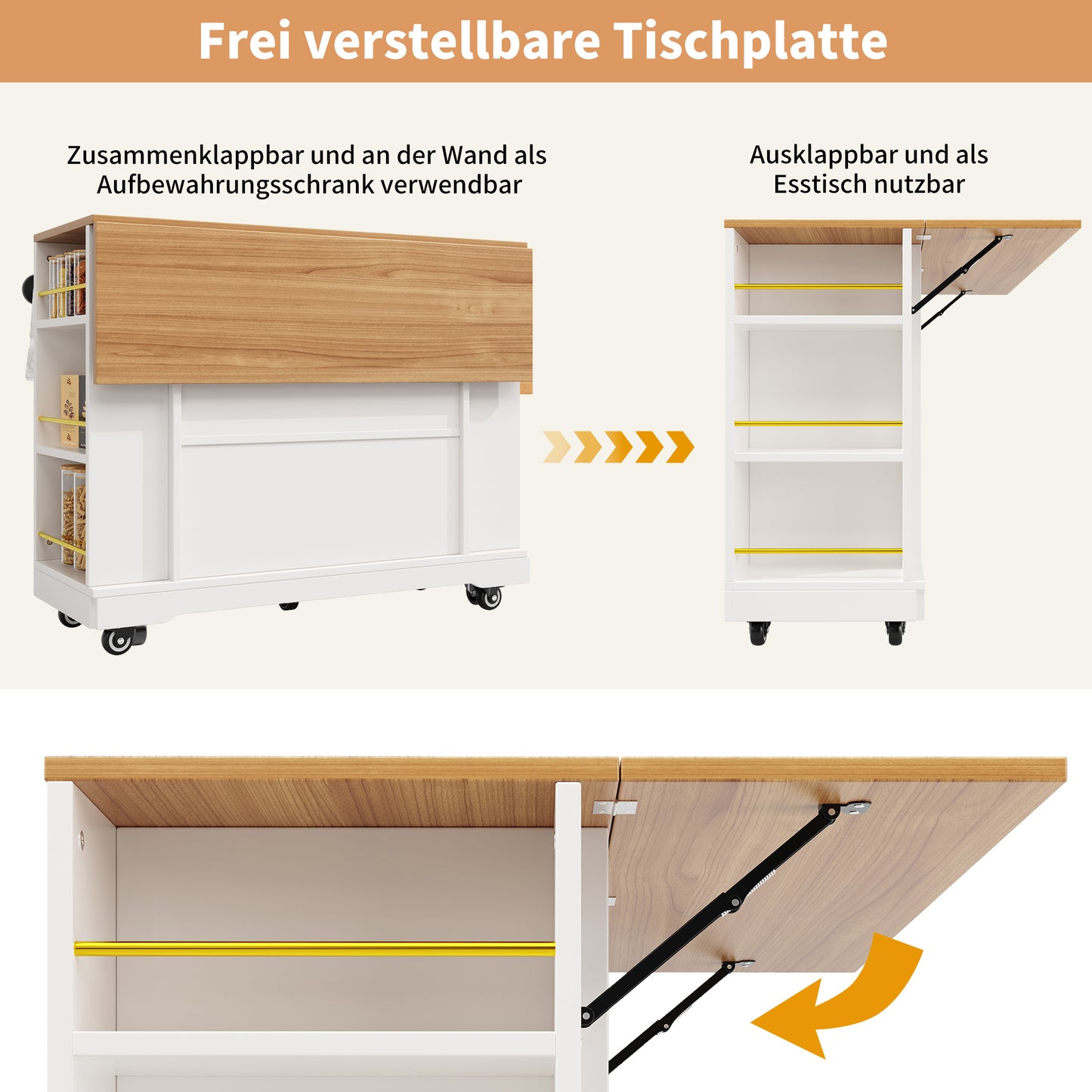 Keukeneiland – Keukentrolley – Eilandkast – Buffetkast – Keukenwerkbank – Wit MDF Met Houtlook Blad – Verstelbaar Tafelblad En Veel Opbergruimte