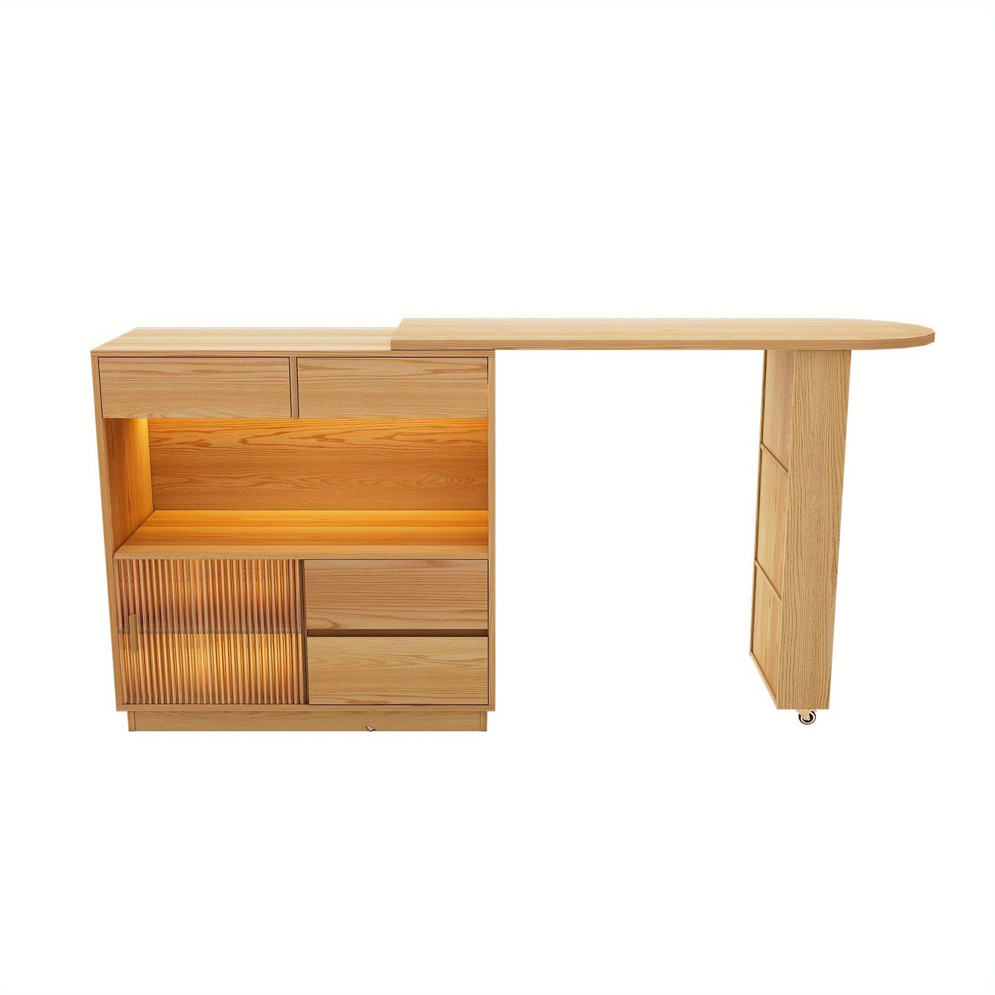 Bureau – Hoekbureau – Computertafel – Werktafel – Bureautafel – L-Vormig – Natuurlijke Houtkleur – Hardhouten MDF Constructie – Draaibaar Werkoppervlak – Opbergrekken
