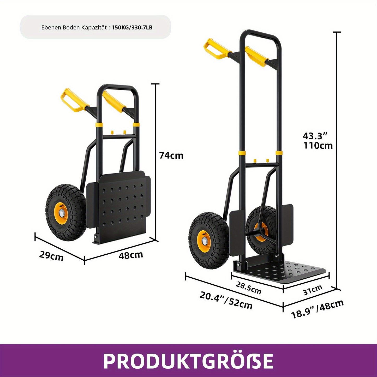 Handkar – Stevige Transportkar – Vouwkar – Laadwagen – Trolley – Draagkracht 150 kg – Verstelbare Handgreep – Geluidloze Industriële Wielen