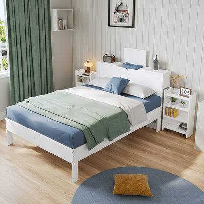 Tweepersoonsbed – Bed – Slaapbank – Bedframe – Ledikant – Wit Bamboe – Opbergruimte – 2 Uittrekbare Nachtkastjes – Eenvoudig Monteren – Twin Size