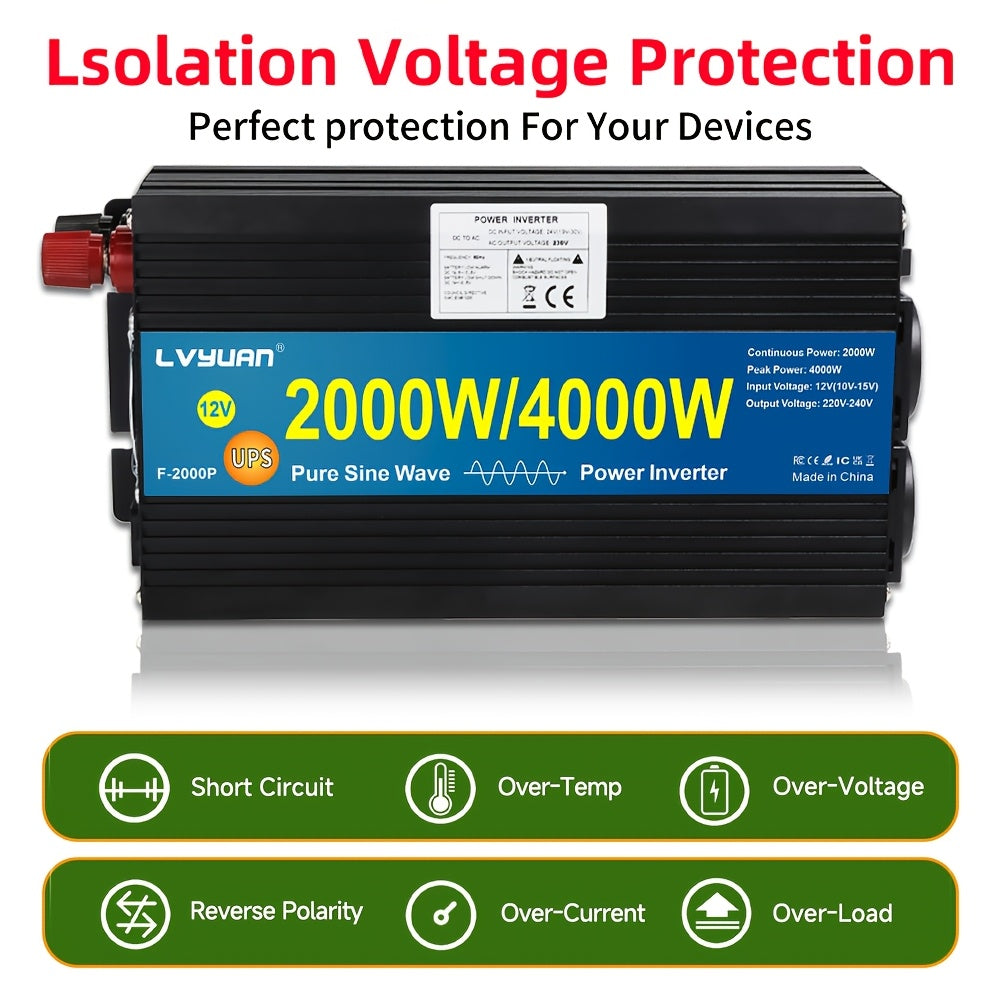 12V Naar 240V Omvormer – Spanningsomzetter – Stroomconverter – Power Inverter – Zuivere Sinusgolf – 2000W Continu Vermogen – LCD Display