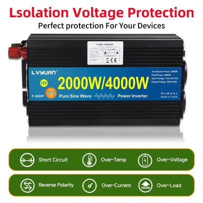 12V Naar 240V Omvormer – Spanningsomzetter – Stroomconverter – Power Inverter – Zuivere Sinusgolf – 2000W Continu Vermogen – LCD Display