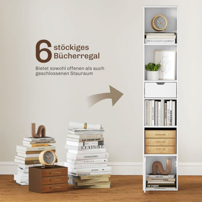 Boekenkast – Boekenrek – Opbergkast – Vakkenkast – Stellingkast – 6-Lagen – Verstelbare Planken – Kantelbeveiliging – Wit – Smal – Metaal