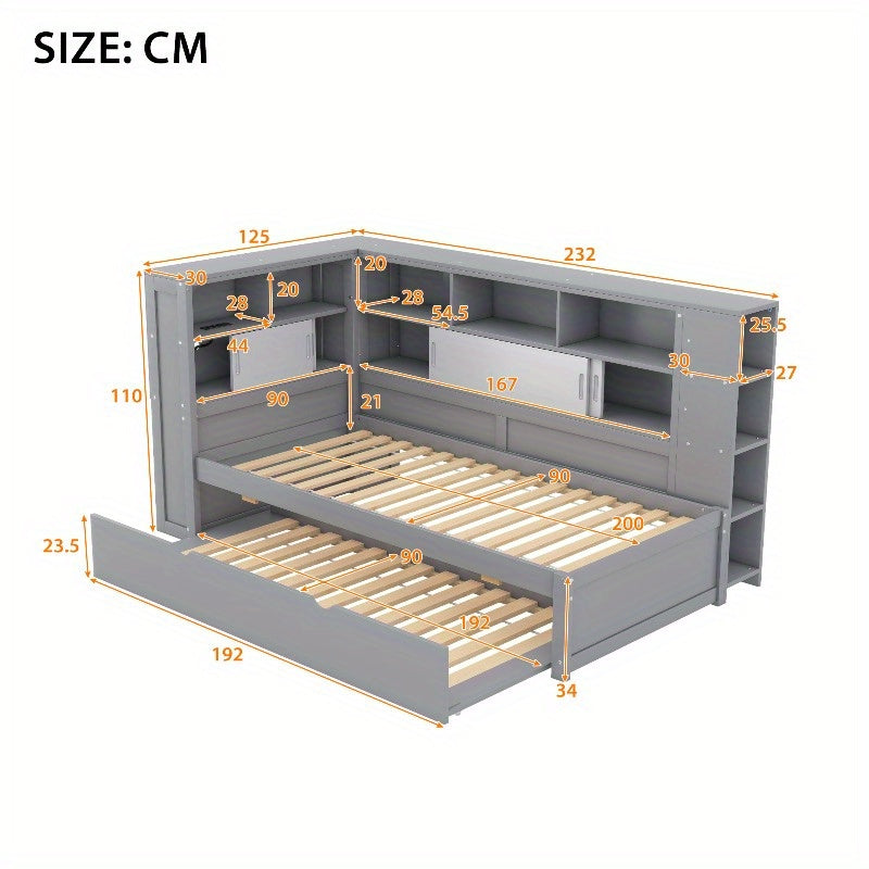 Daybed Grijs – Bedbank – Slaapbank – Logeerbed – Kinderbed – Met Uitschuifbaar Bed – Opbergruimte – 90x200 & 90x190 cm – Zonder Matras