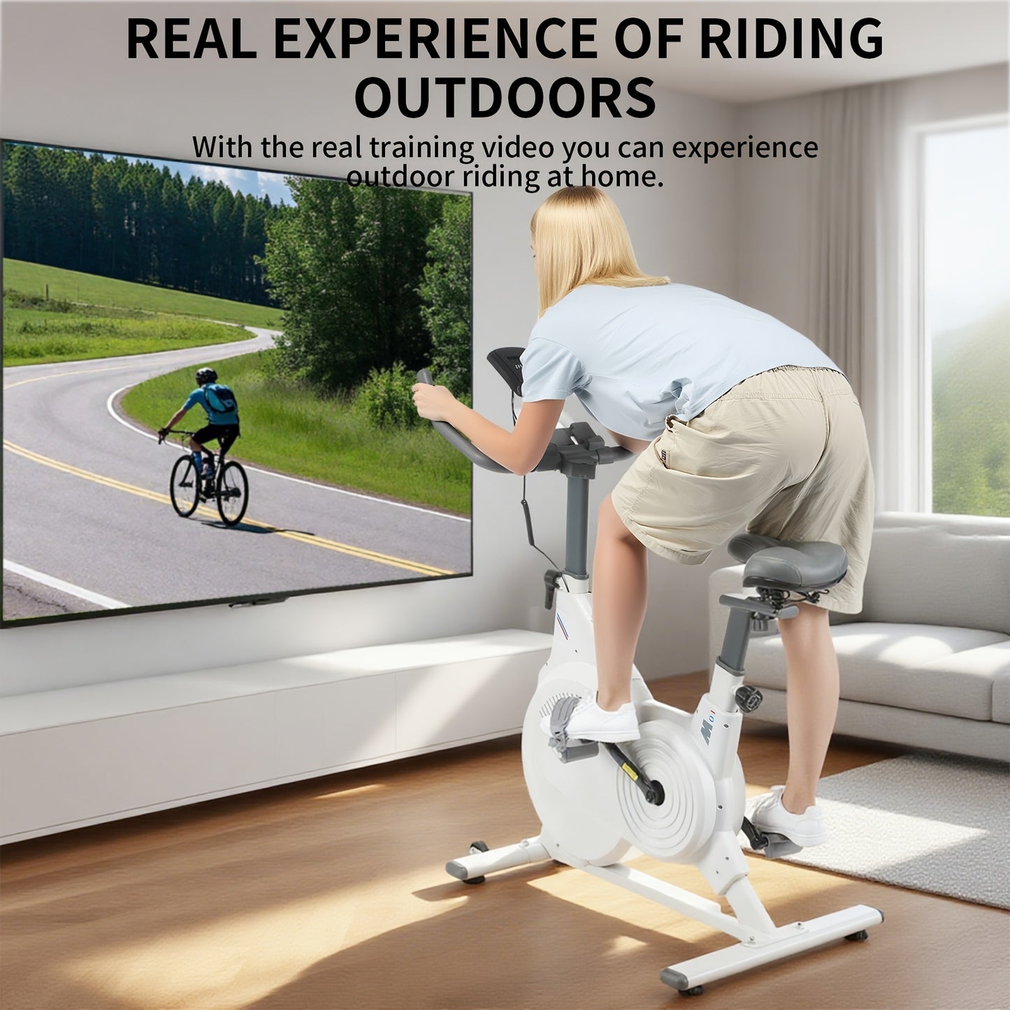 White Stationary Exercise Bike Shock-Absorbing Design PP Pedals + Phone Holder + Standard Seat Heart Rate Monitoring Multi-Function Display Max Load 150kg