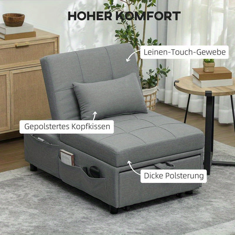 3-in-1 Convertible Sofa Bed with Storage Pocket, Adjustable Backrest & Pillow - Multifunctional Sleeper Chair with Rollers, Space-Saving Design for Small Spaces, Easy Assembly, Durable Plastic/Wood/Metal Frame - Ideal for Liv