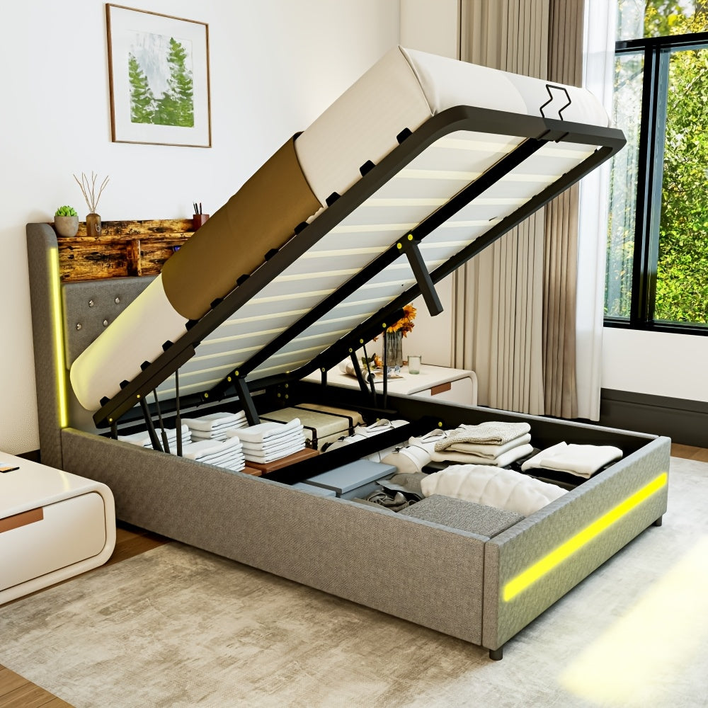 Modern Upholstered Double Bed Frame with Hydraulic Storage & LED Headboard - Lift-Up Platform Bed Suitable for Small Spaces, Grey Bed 140x200cm, Easy Assembly (No Mattress Included)