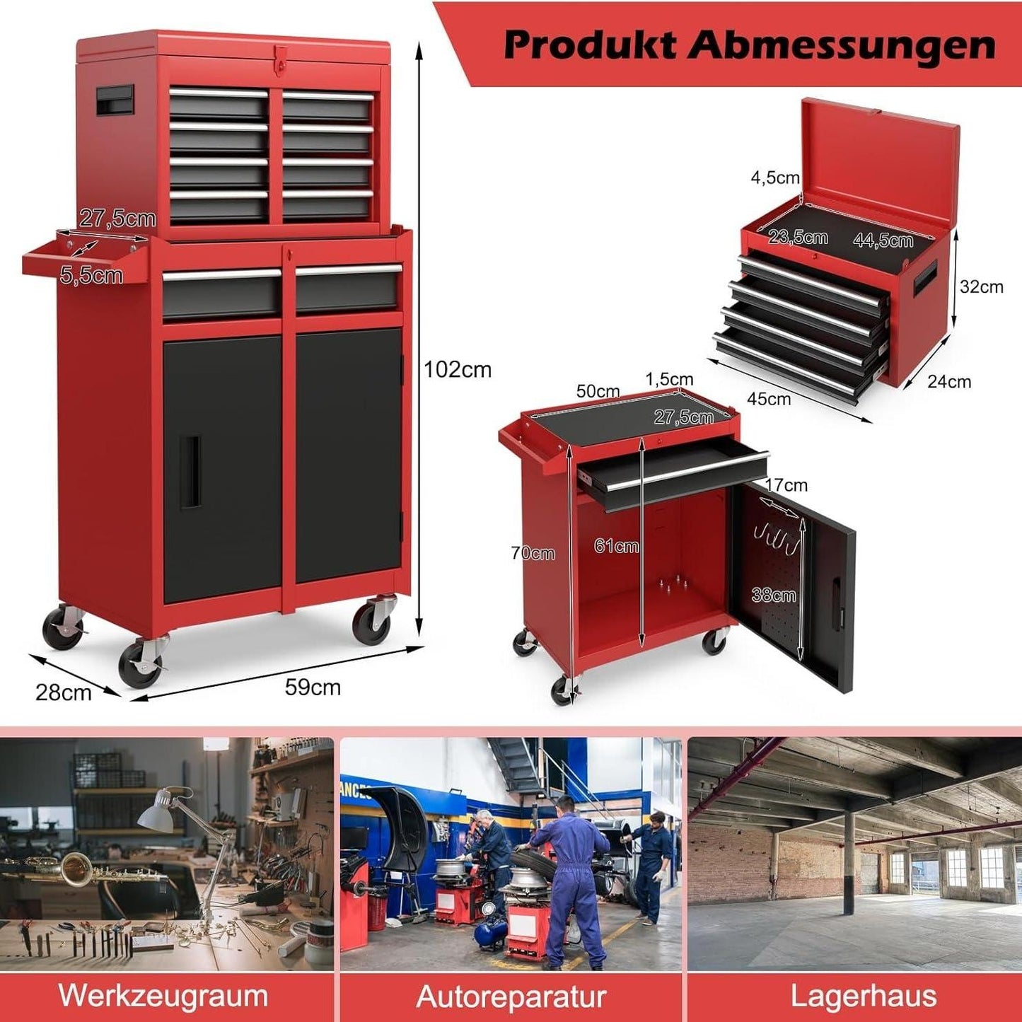 Gereedschapswagen – Werkplaatswagen – Toolcart – Mobiele Gereedschapskar – Werkbank Op Wielen – 2-in-1 Afneembare Bovenkast – 8 Vakken Met Verstelbare Planken – 100 Kg Draagkracht – Metaal Zwart-Rood