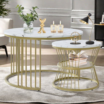 Bijzettafel – Koffietafel – Salontafel – Zijtafel – Banktafel – Ronde Set – Marmerpatroon – Stapelbaar Design – MDF Tafelblad – Metalen Onderstel