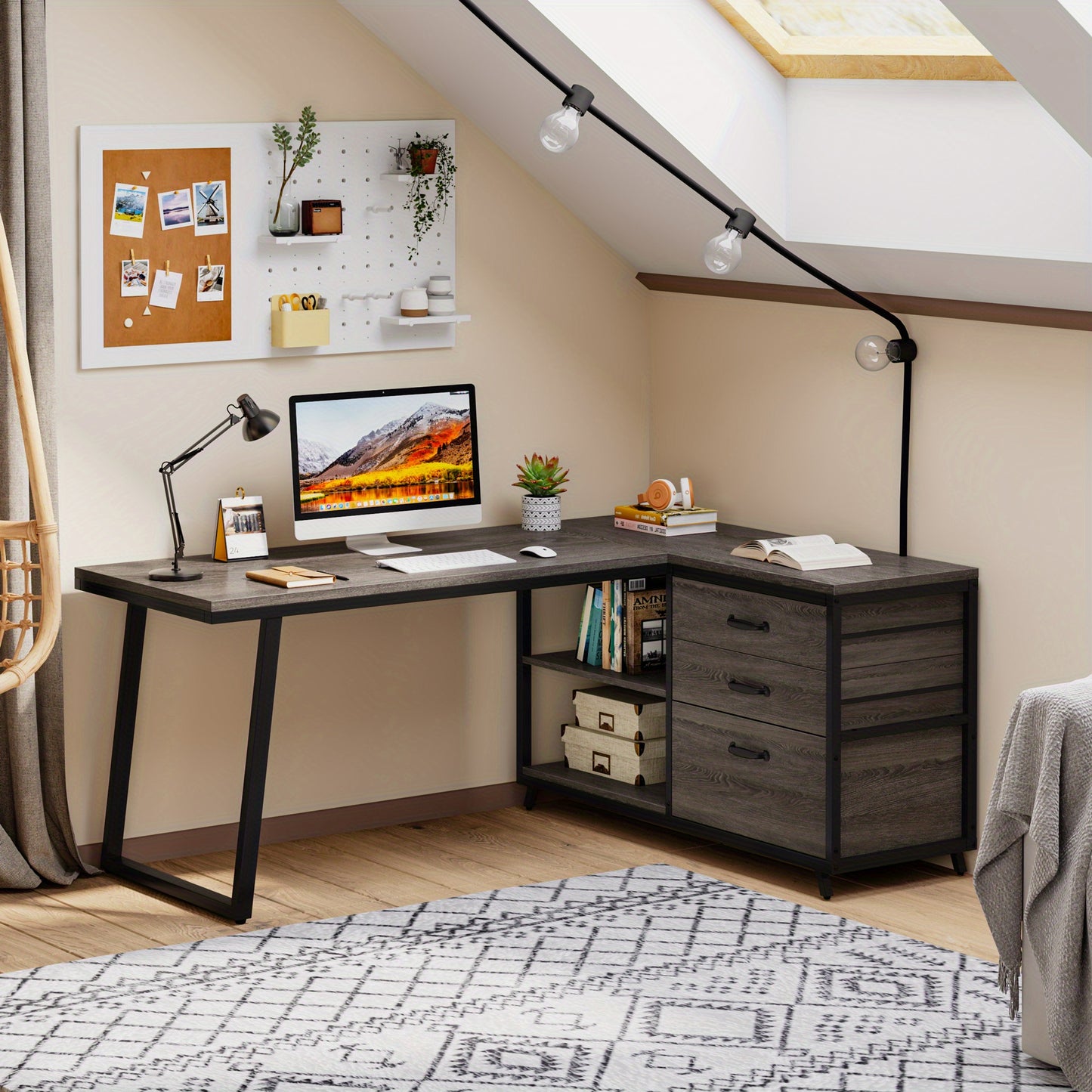 Hoekbureau – L-vormig Bureau – Computerbureau – Bureau Bureau – Thuiswerkbureau – 3 Laden – Reversibel Ontwerp – Industrieel Grijs – 135x100 cm