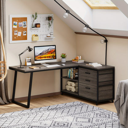 Hoekbureau – L-vormig Bureau – Computerbureau – Schrijftafel – Werkplek Bureau – Omkeerbaar Ontwerp – 3 Lades & Opbergruimte – Industrieel Grijs – 134,6 cm Breed