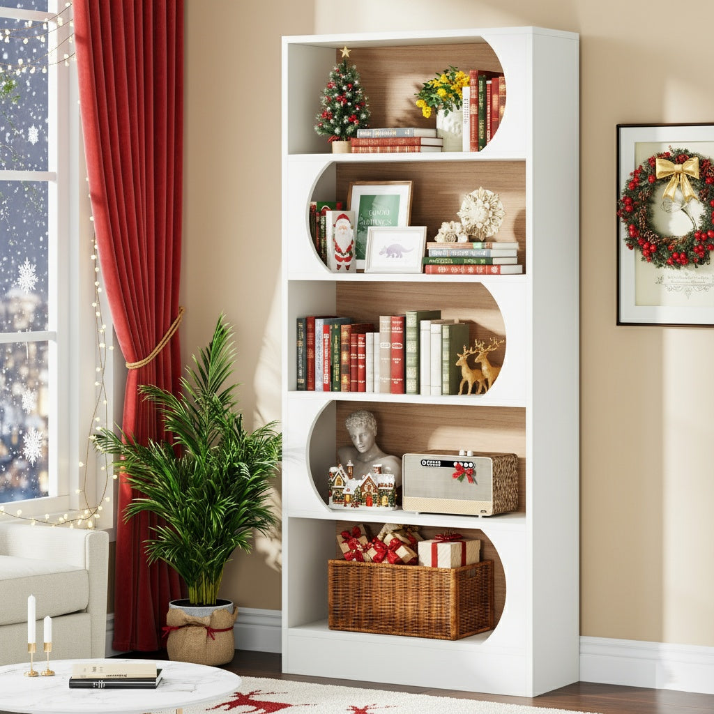 Boekenplank – Boekenkast – Boekrek – Opbergkast – Open Kast – 6-Laags – Wit – Modern Boogontwerp – Stevig Hardhout – Eenvoudige Montage