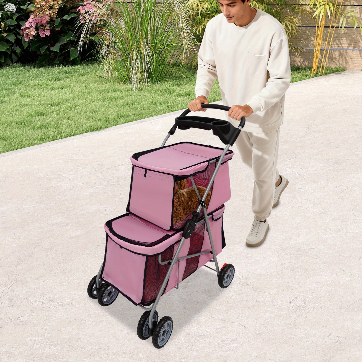 55*69*101cm Double-Tier Pet Stroller - Foldable, Durable Aluminum & Polyester Construction, Spacious Design with 4-Wheel Mobility, Easy to Use for Small & Medium Dogs