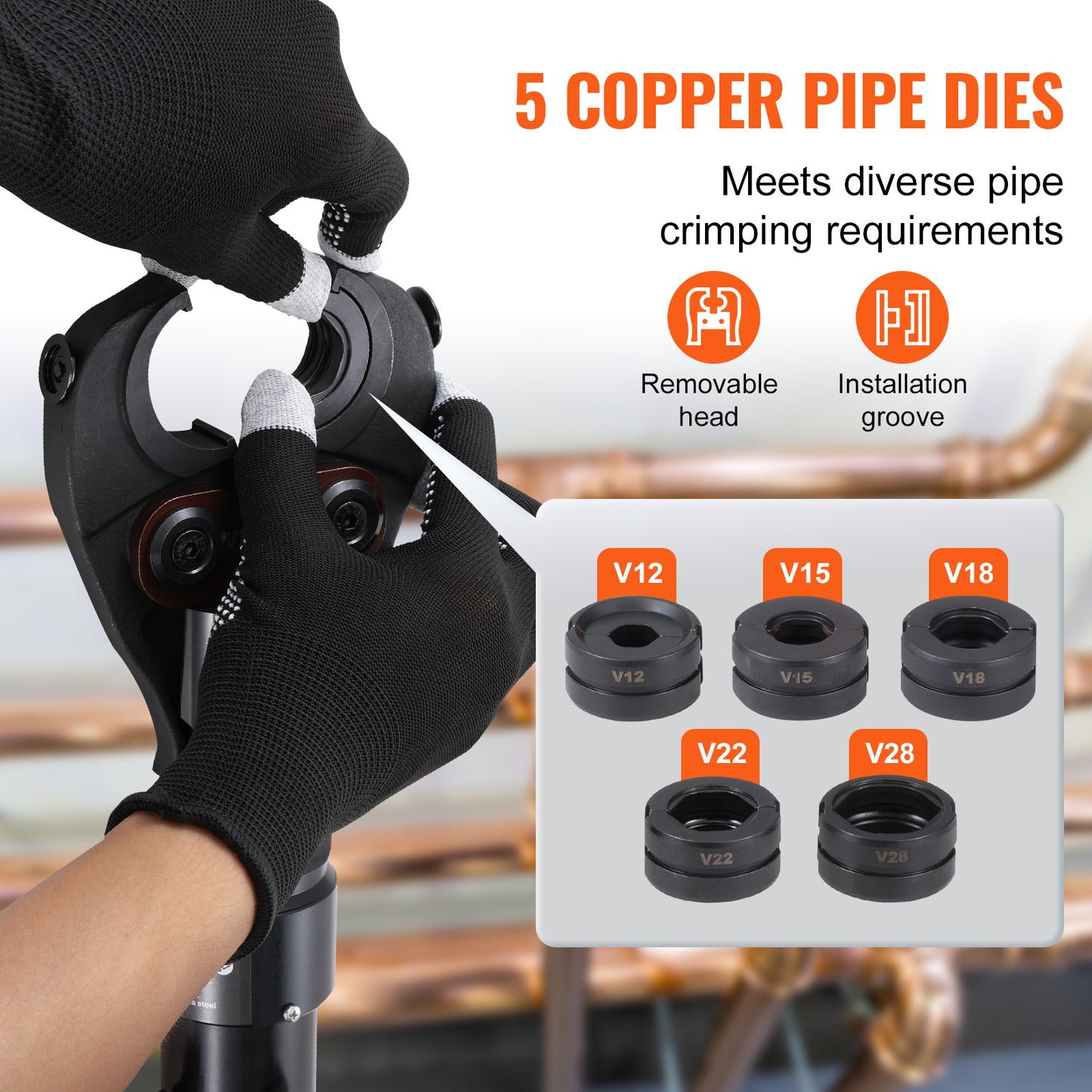 VEVOR Copper Tube Fittings Crimping Tool with V12/15/18/22/28 Jaws 360° Rotate