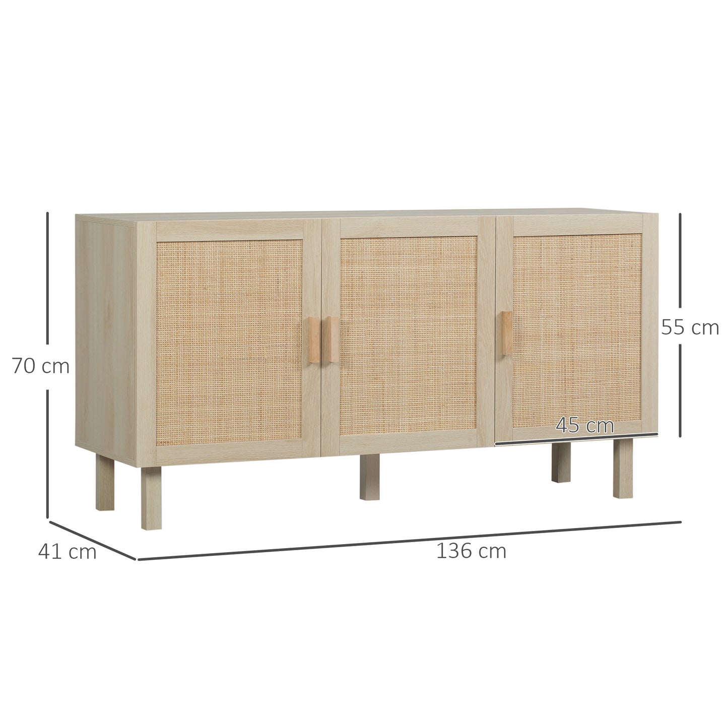 Dressoir – Opbergkast – Buffetkast – Ladekast – Kast – Bohemien Stijl – Hout Met Gevlochten Rieten Deuren – 136x41x70 cm – Verstelbare Planken