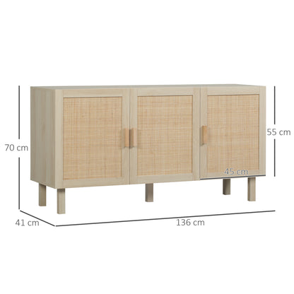 Dressoir – Opbergkast – Buffetkast – Ladekast – Kast – Bohemien Stijl – Hout Met Gevlochten Rieten Deuren – 136x41x70 cm – Verstelbare Planken