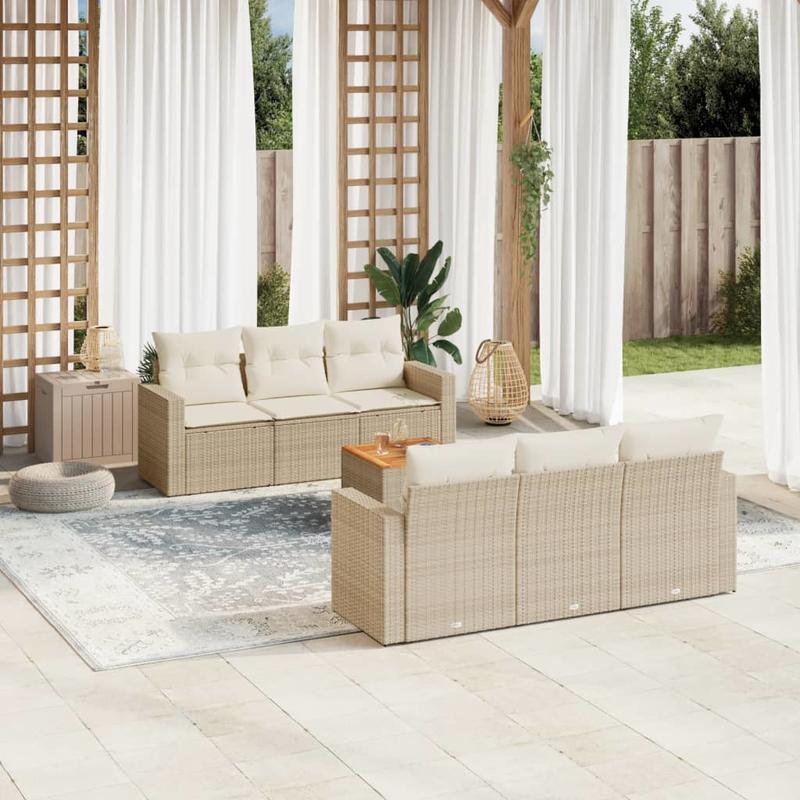 7-delige Tuin Loungeset – Tuinbank – Loungeset – Wicker Meubel – Buitenzetel – Beige Kleur – Handgeweven Poly Rattan – Lichtgewicht Metalen Frame