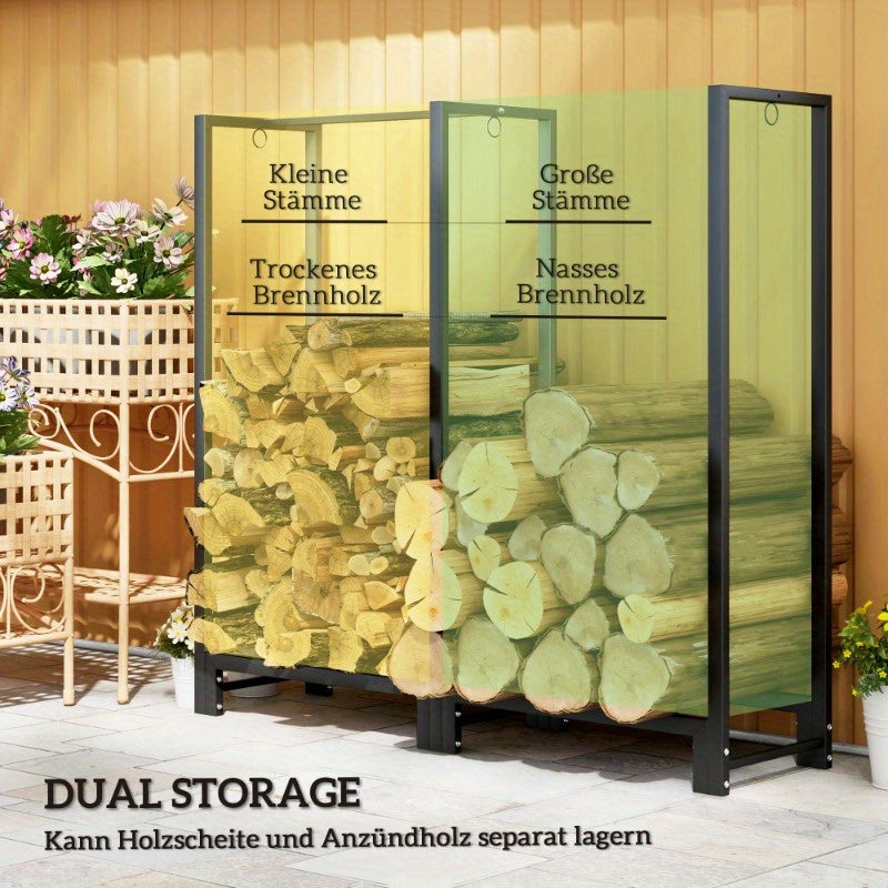 Vuurhoutrek – Houtopslag – Houtstapelrek – Houtdrager – Houtrek – Stalen Constructie – 200 kg Capaciteit – 2 Secties – Inclusief 3 Haken – Zwart – Binnen en Buiten