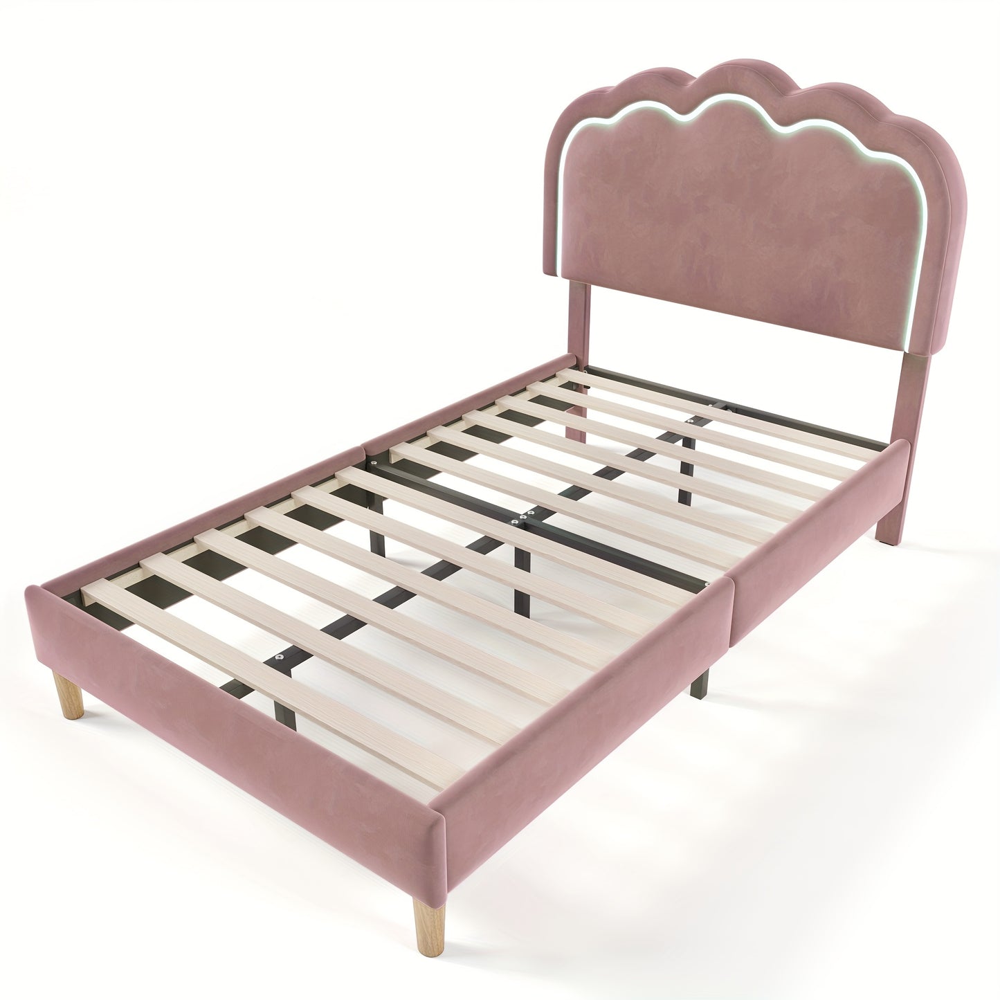 Eenpersoonsbed – Single Bed – Bedframe – Slaapbed – Gestoffeerd Bed – Verstelbare Hoofdsteun – Hoogwaardig Massief Houten Frame – Roze Velvet Bekleding – 90 x 200 cm – Plat Lattenbodem