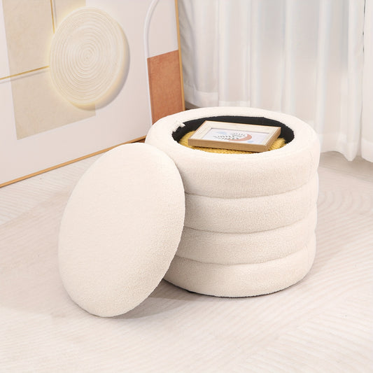 Opberg Poef – Opbergkruk – Zitkist – Hocker – Opbergbox – Rond – Wit – Polyester Bekleding – Flip-Top Deksel – Compact & Multifunctioneel