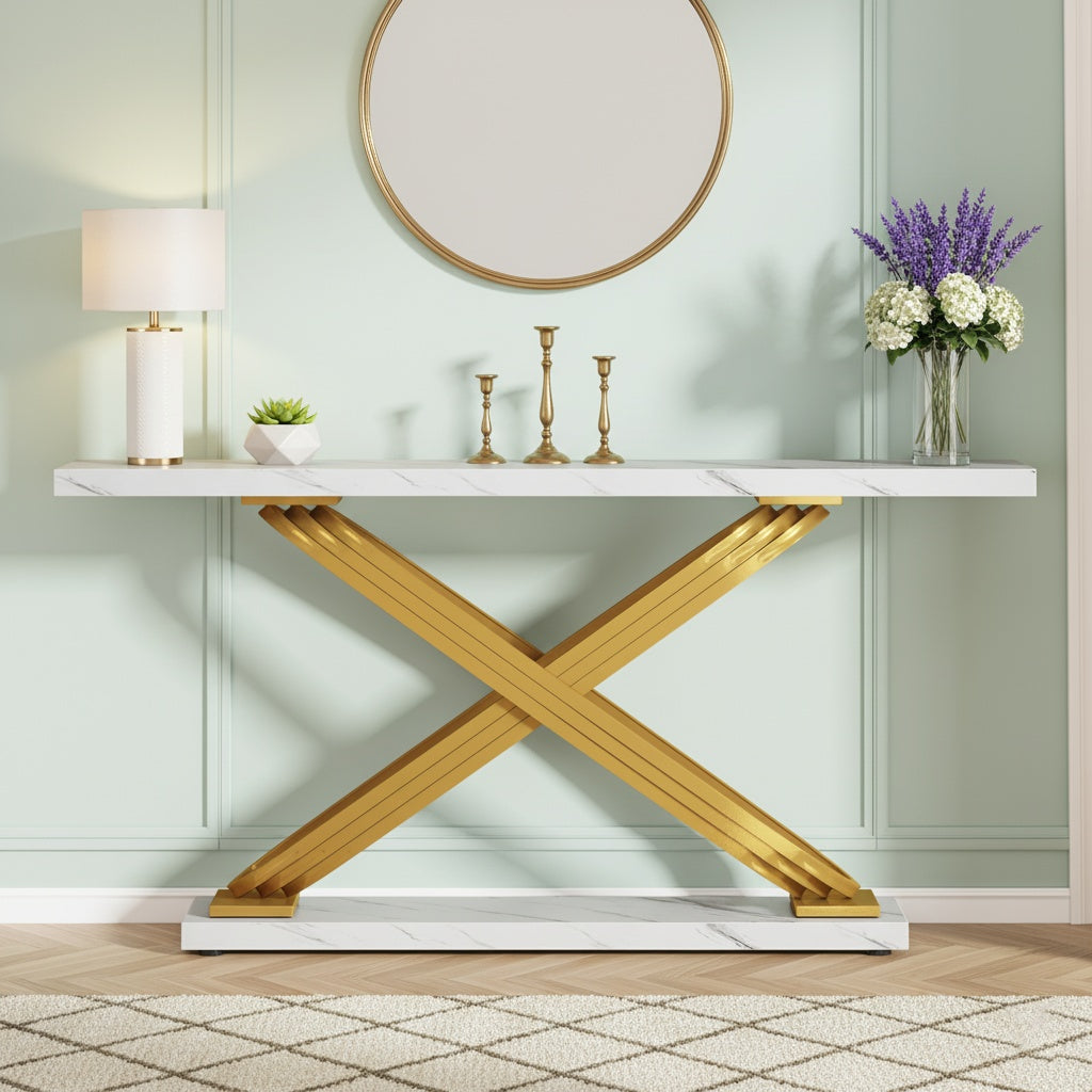 Moderne Sidetable – Console Tafel – Haltafel – Sofa Tafel – Smalle Tafel – Gouden Metaal Frame – Kunstmarmeren Blad – 139,7 cm – Verstelbare Hoogte