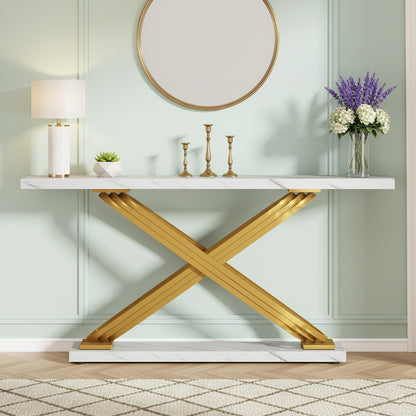 Moderne Sidetable – Console Tafel – Haltafel – Sofa Tafel – Smalle Tafel – Gouden Metaal Frame – Kunstmarmeren Blad – 139,7 cm – Verstelbare Hoogte