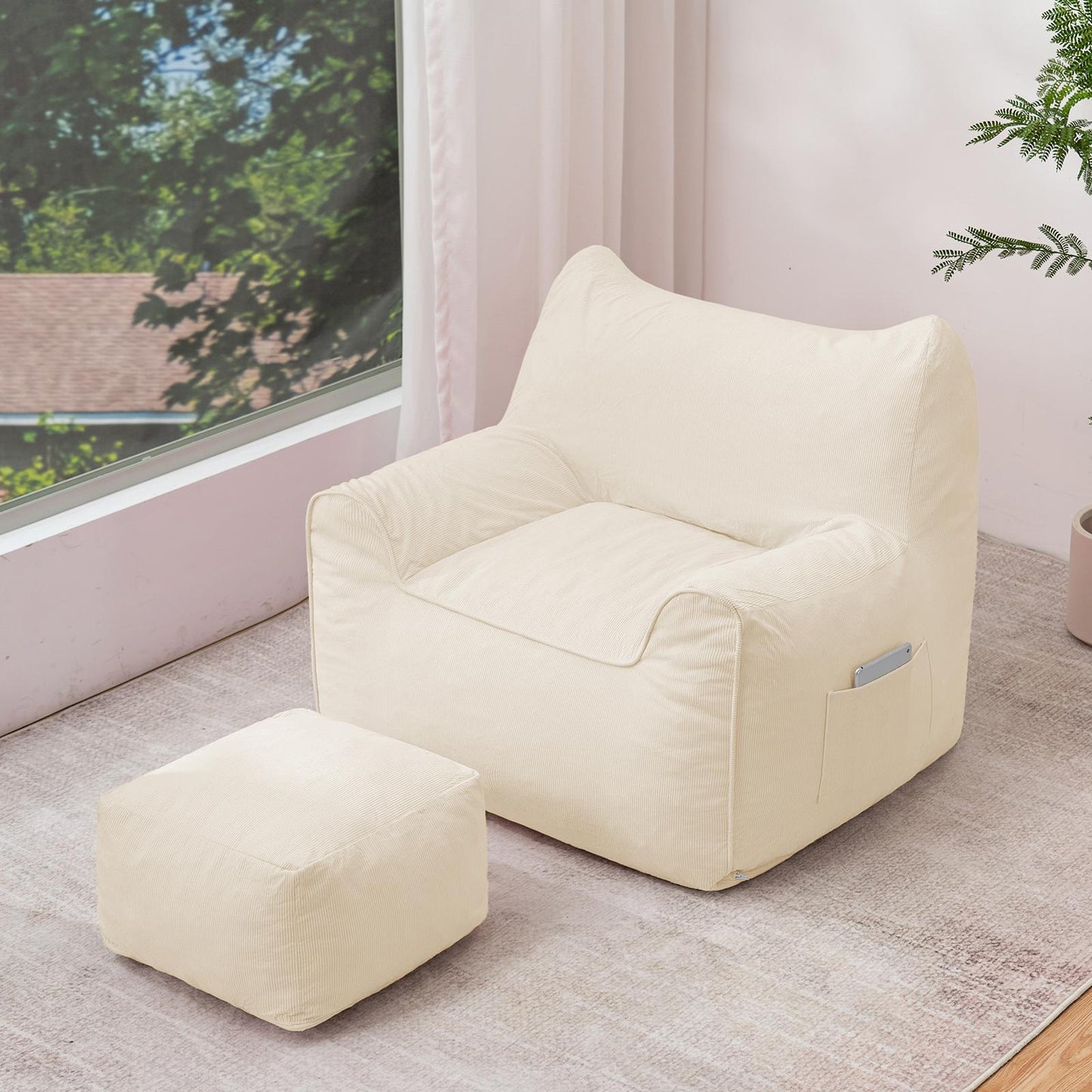 Zitzak – Relaxzetel – Loungestoel – Fauteuil – Poef – Beige – Ergonomisch Ontwerp Met Memory Foam – Afneembare Wasbare Corduroy Hoes