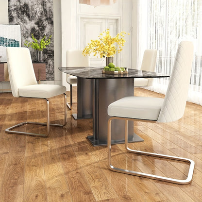 Eetkamerstoel – Stoel – Kuipstoel – Eettafelstoel – Woonkamerstoel – Beige – Set Van 2 – Diamantpatroon Rugleuning – Zilverkleurige Metalen Poten