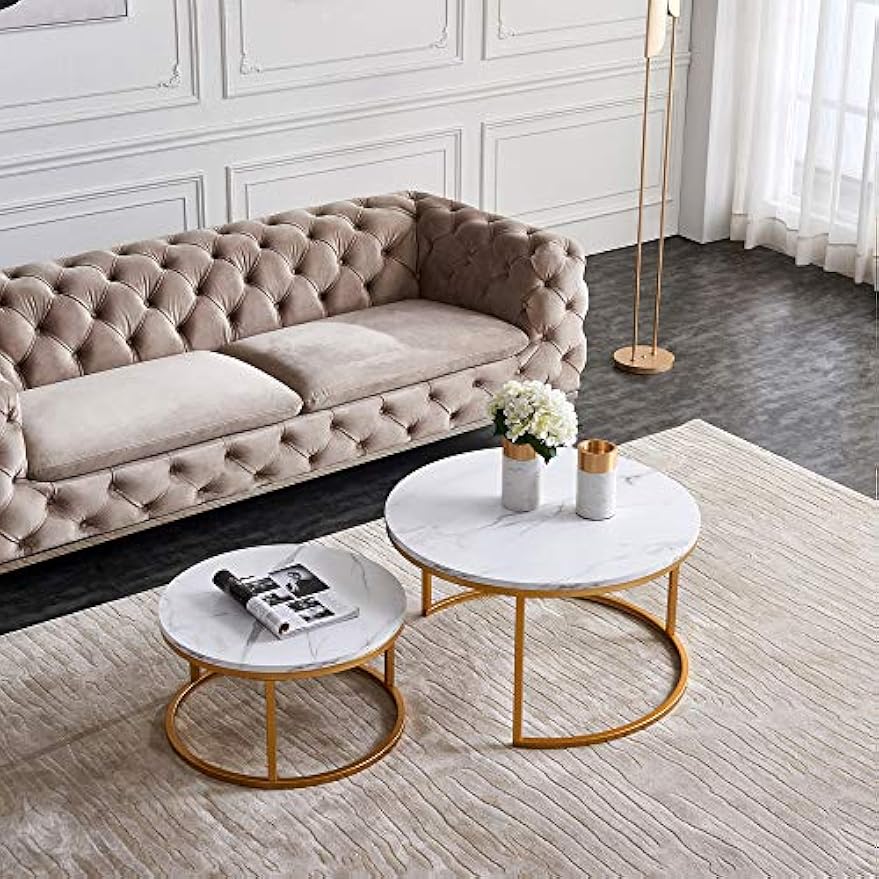 Ronde Salontafel – Bijzettafel – Nesting Tafel – Koffietafel – Woonkamer Tafel – Set van 2 – MDF en Massief Houten Blad – Goud Metaal Frame – Compact en Modulair Design