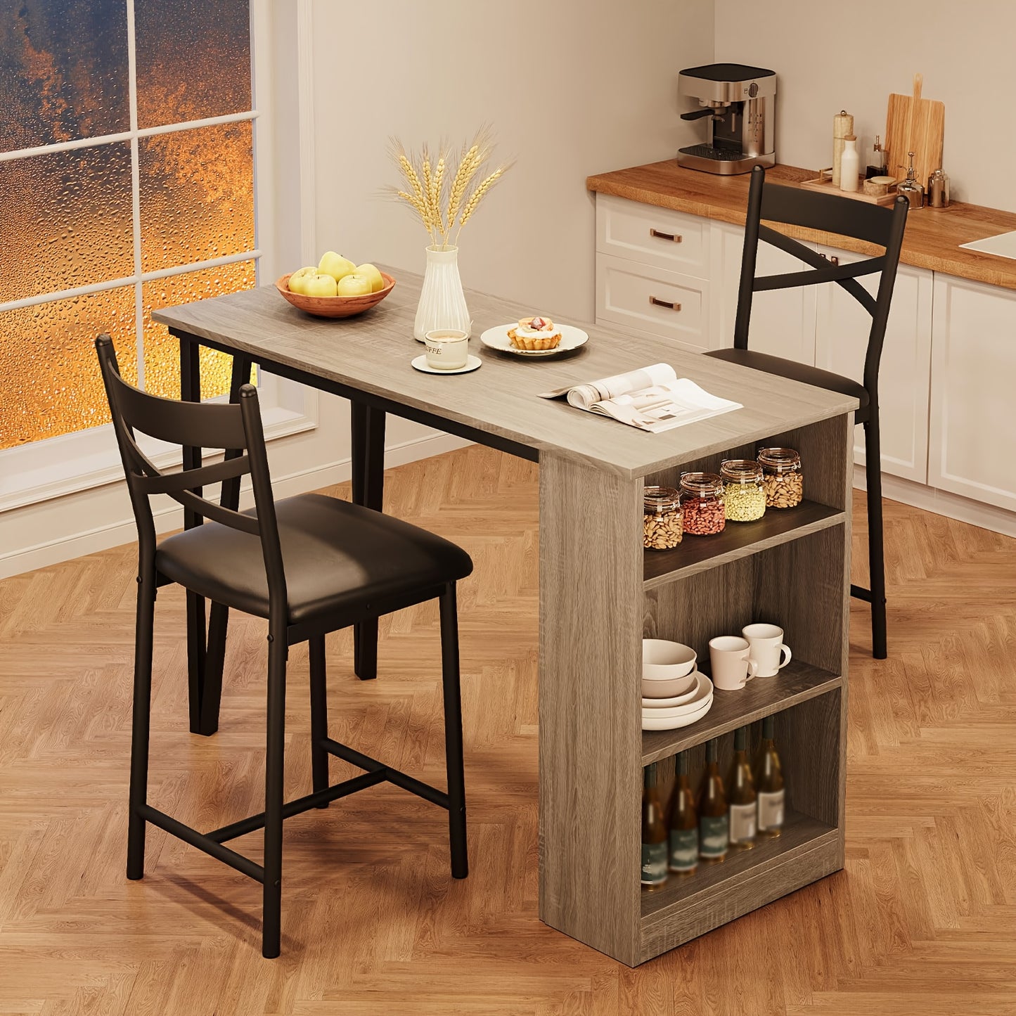 3-delige Bar Tafel Set – Bartafel Set – Barmeubel – Bistrotafel – Eettafel Compact – Opklapbaar Tafelblad – Met Opbergruimte – Grijs – Ruimtebesparend – Stevig Houten Ontwerp