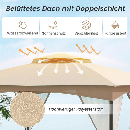 Paviljoen – Tuinpaviljoen – Partytent – Overkapping – Tuintent – 3 x 3,6 meter – Waterdicht en Winterbestendig – Inclusief 4 Muggenhorren en Zandzakken – Dubbel Dak – Khaki