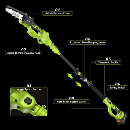 Accukettingzaag – Snoeizaag – Takkenzaag – Boomzaag – Handkettingzaag – 20 cm Zaagblad – 4,8 Meter Telescopische Steel – Brushless Motor – 2x 4000mAh Lithium Accu's inclusief Oplader