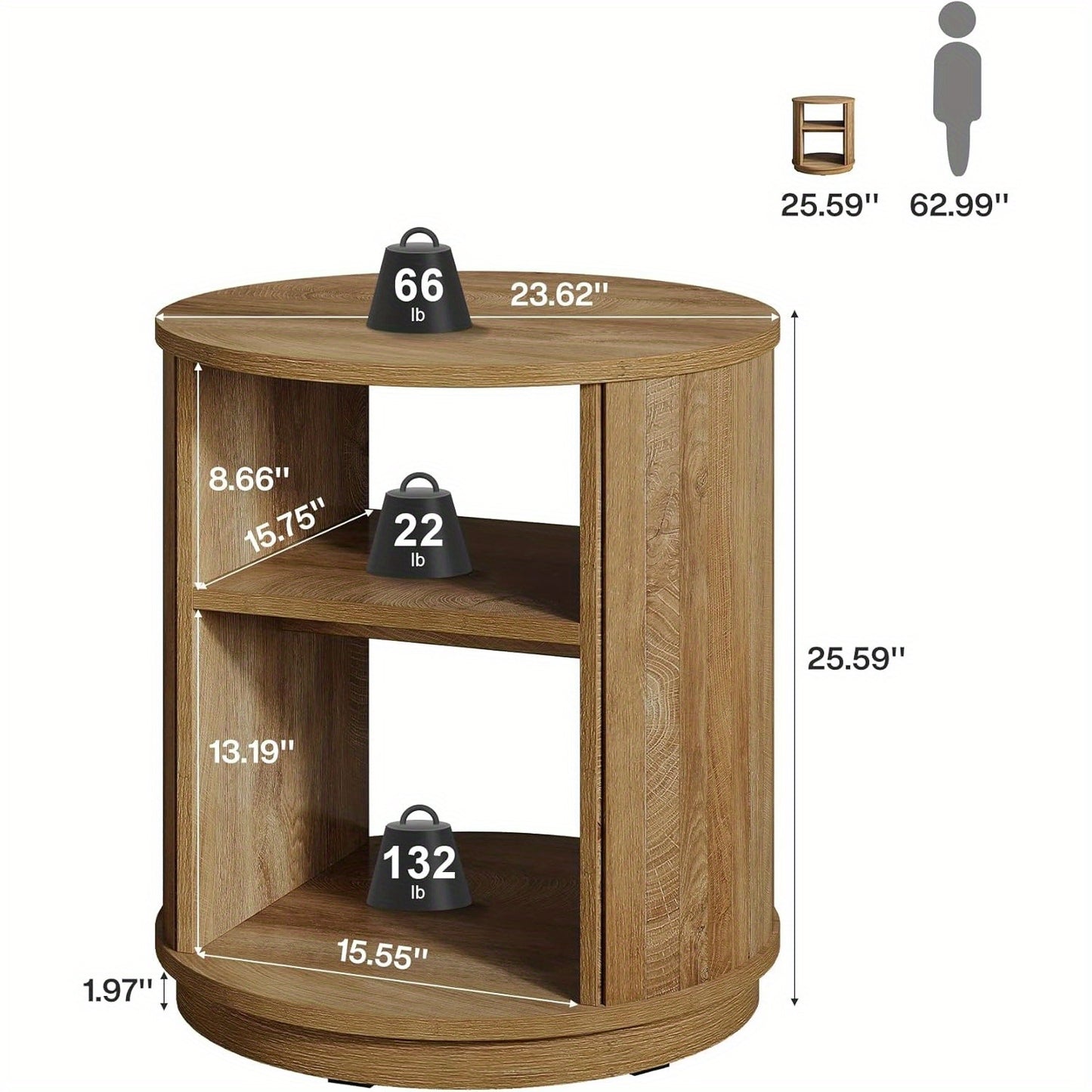 Nachtkastje – Bijzettafel – Opbergtafeltje – Bedtafel – Accenttafel – Ronde Vorm – 3 Opslagniveaus – Natuurlijke Houtlook – Compact & Stevig MDF